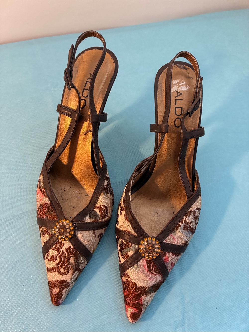 ALDO Women's Brown Floral Embellished Slingback Pumps